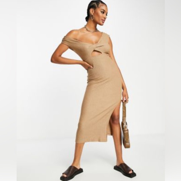 ASOS design one of the shoulder twist detail midi dress in mocha US 14 - Picture 1 of 5